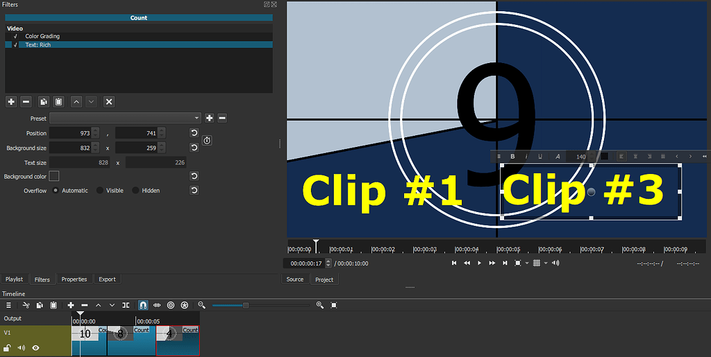 Text Rich Filter Vui Visible On Selected Clip With Playhead In