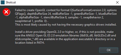 Help Fail To Create Opengl Context For Qsurfaceformat Bug Shotcut Forum - roblox studio failed to create opengl context for format qsurfaceformat