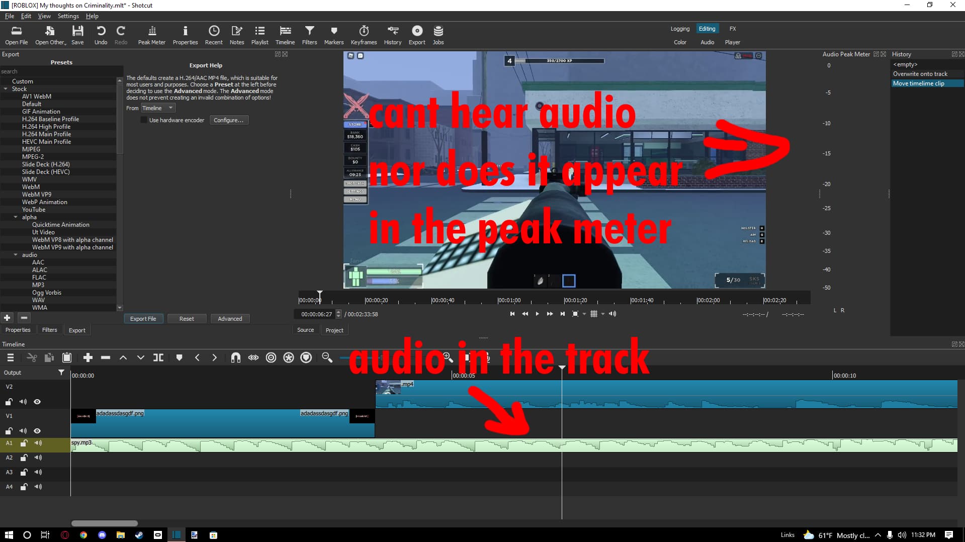 Audio appears in waveform but not in Peak Meter - Help/How To - Shotcut  Forum