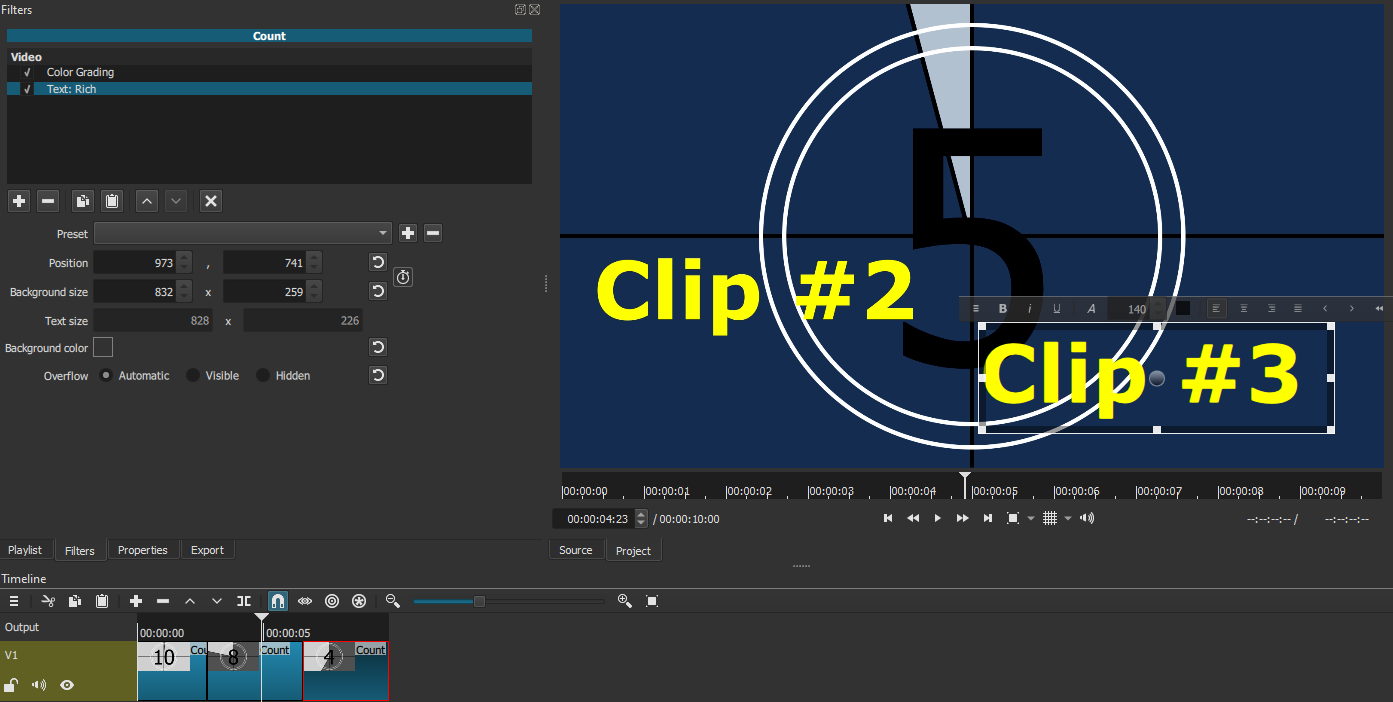 TextRich filter VUI visible on selected clip, with playhead in